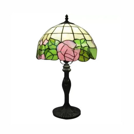 12/16 Pink Rose Tiffany Stained Glass Table Light With 1 In Bronze/Black Black / 12