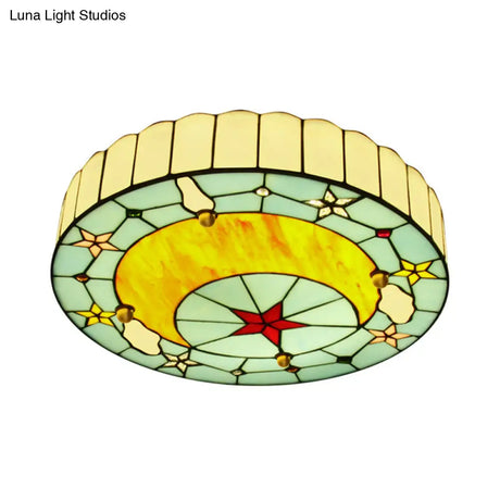 12’/16’ W Moon Flush Ceiling Light: Modern Tiffany Stained Glass Semi Mount In Blue