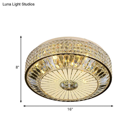 12’/16’ Wide Led Crystal Flush Light Fixture In Gold For Modern Bedroom Ceiling Mount