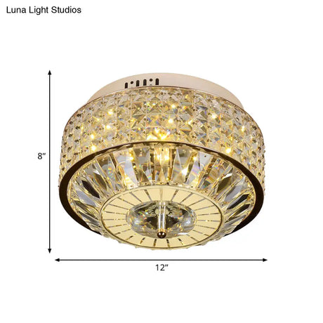 12’/16’ Wide Led Crystal Flush Light Fixture In Gold For Modern Bedroom Ceiling Mount