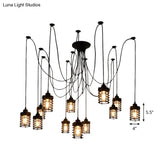 12-Head Swag Pendant Lamp For Farmhouse Bedroom - Multi Light Ceiling Fixture With Black Iron Cage