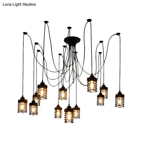 12-Head Swag Pendant Lamp For Farmhouse Bedroom - Multi Light Ceiling Fixture With Black Iron Cage