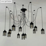 12-Head Swag Pendant Lamp For Farmhouse Bedroom - Multi Light Ceiling Fixture With Black Iron Cage