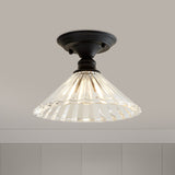 Wavy/Wide Flare Semi-Flush Mount Industrial Black Clear Textured Glass Lighting Fixture / Wavy