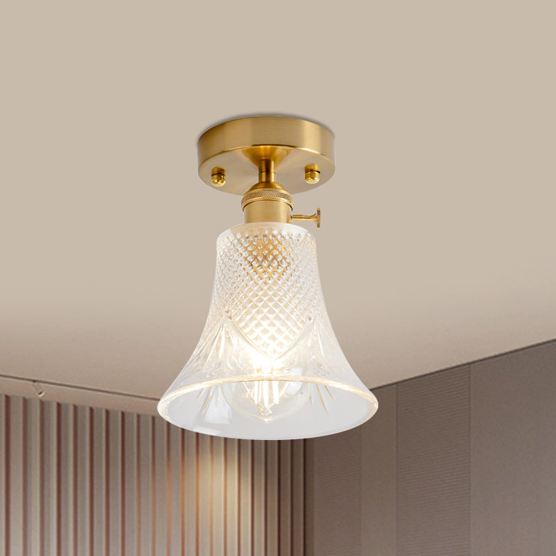 Clear Glass Single Light Gold Semi Flush Industrial Ceiling Lighting - Cone/Cylinder/Bell Corridor /