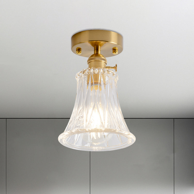 Clear Glass Single Light Gold Semi Flush Industrial Ceiling Lighting - Cone/Cylinder/Bell Corridor /