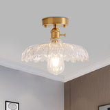 Industrial Brass Semi Flush Ceiling Light With Dome/Barn/Flower Shade - Amber/Clear Textured Glass