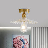Industrial Brass Semi Flush Ceiling Light With Dome/Barn/Flower Shade - Amber/Clear Textured Glass