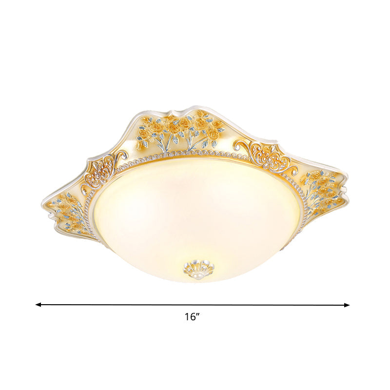 Vintage Yellow Opaline Glass Dome Flush Mount Light With Floral Accent Available In 3 Sizes: 12 16