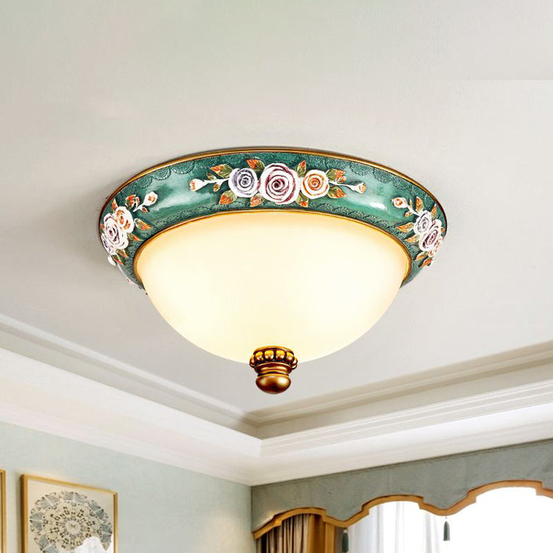 Retro Resin Flush Mount Light Fixture - Green Floral Design With Dome Shade 3-Light Bedroom Ceiling