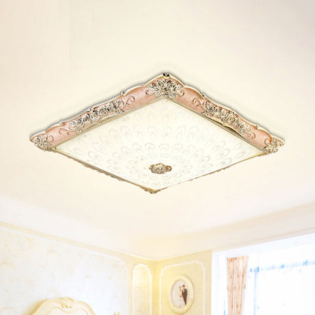 Antique Opaque Glass Led Square Flush Mount Light - Pink/Green Bedroom Ceiling Lamp