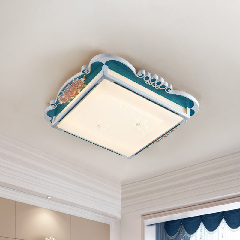 Led Acrylic Square Design Traditional Style Flush Mount Bedroom Ceiling Light With Carved Flower -