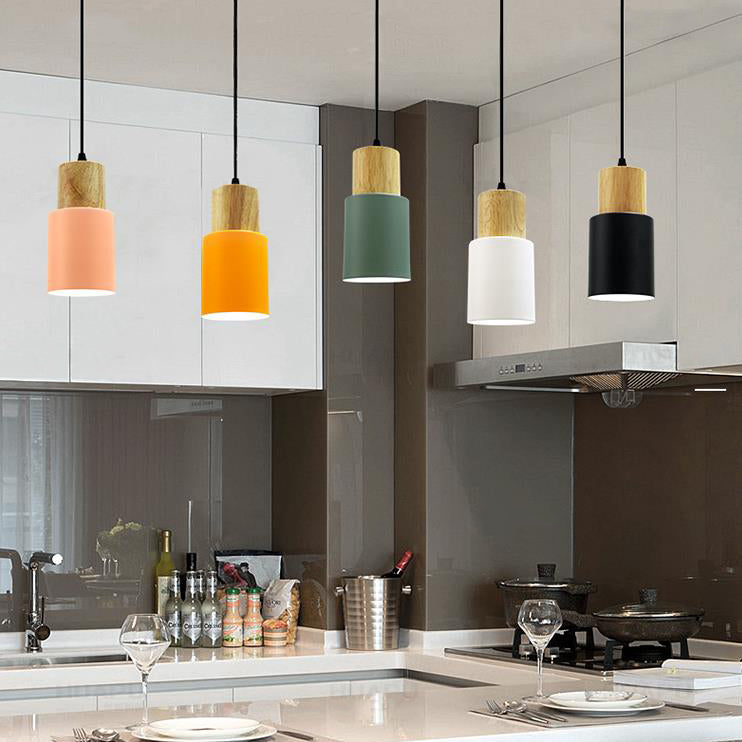 Modern Metal And Wood Pendant Light For Office Or Hallway With 1 Cylindrical Hanging Lamp