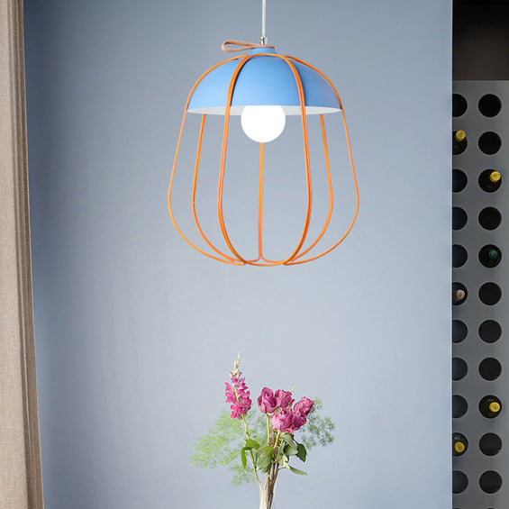 Nordic Metal Single Pendant Light In Black/Blue/Orange - Wire Guard Ceiling Hanging Lamp