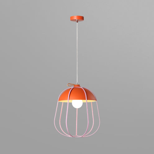 Nordic Metal Single Pendant Light In Black/Blue/Orange - Wire Guard Ceiling Hanging Lamp Orange