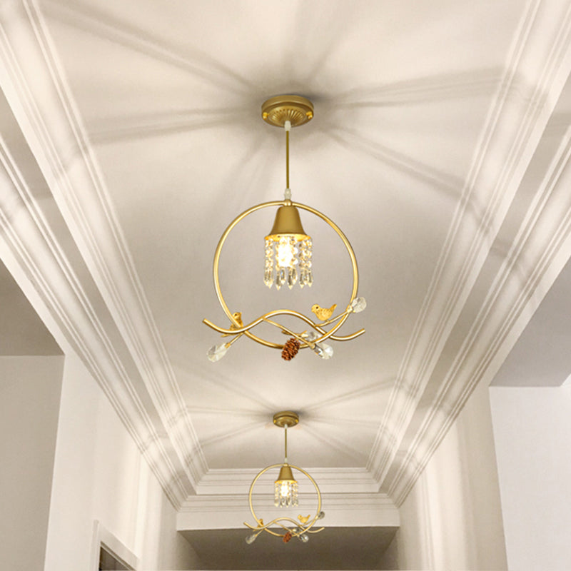Modern Gold Bird And Flower Crystal Suspension Light With 1 Bulb
