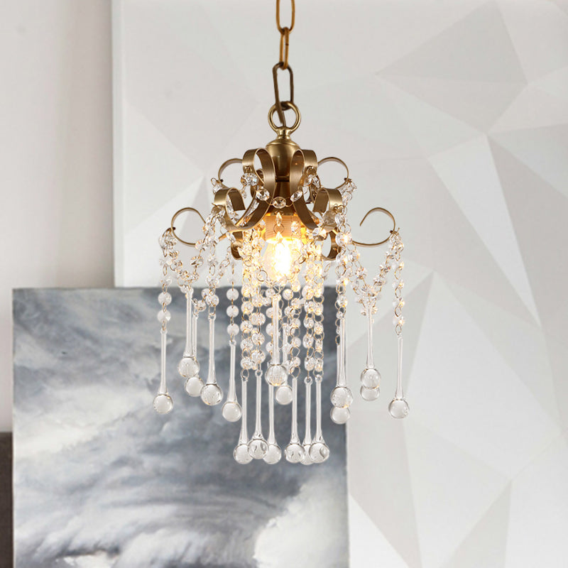 Modern Gold Curved Pendant Light With Crystal Beads - Bedchamber Ceiling Suspension Lamp