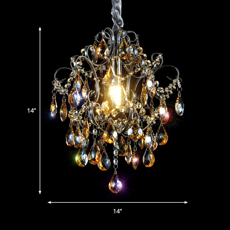 Silver Crystal Teardrop Swirling Arm Hanging Pendant - Modern 1 Head Dining Hall Suspension Light