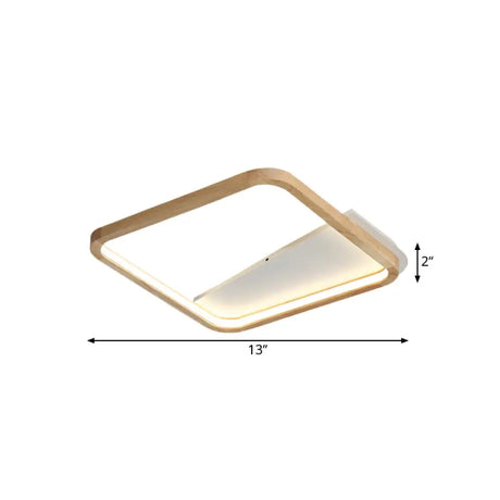 13/17 Wide Beige Flush Mount Led Ceiling Light With Wood Frame - Simple Bedroom Fixture