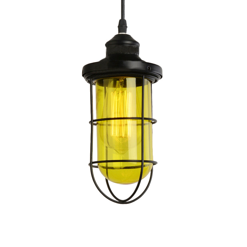 Vintage Black Single-Bulb Pendant Ceiling Light Fixture With Yellow/Green/Clear Glass Cage For