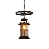Farmhouse Single-Light Pendant Ceiling Light With Clear Glass Cylinder And Iron Wheel- Black Finish