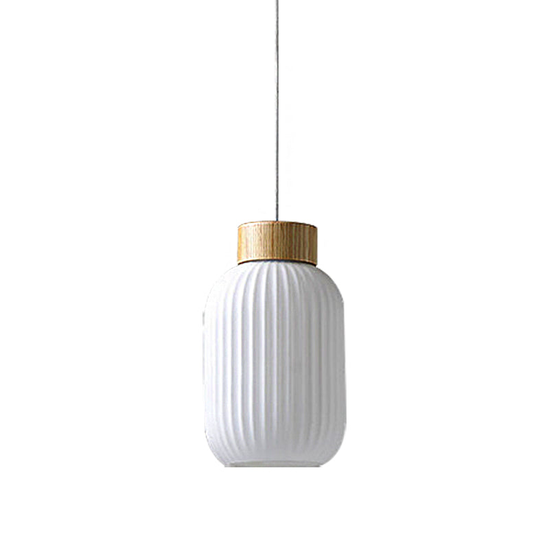 Modern 1-Light Milk Glass Ribbed Cylinder Pendant Light For Restaurants - 5.5 8 12 Diameter White