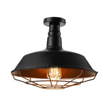 Black Vintage Metal Cage Ceiling Light Semi Flush Mount Indoor 1-Head Lighting With Barn Shade -