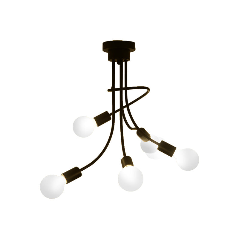 Vintage Bare Bulb Ceiling Light - Black/Gold Metallic Semi Flush With Curved Arm For Bedroom
