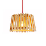 Contemporary Wood Slatted Drum Pendant Light In Beige - Perfect For Bedroom