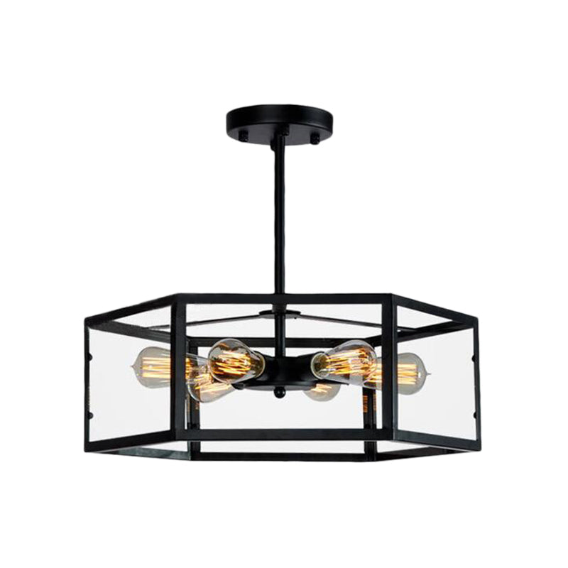 Vintage Geometric Clear Glass Ceiling Light With 6 Bulbs - Black Semi Flush Mount For Kitchen