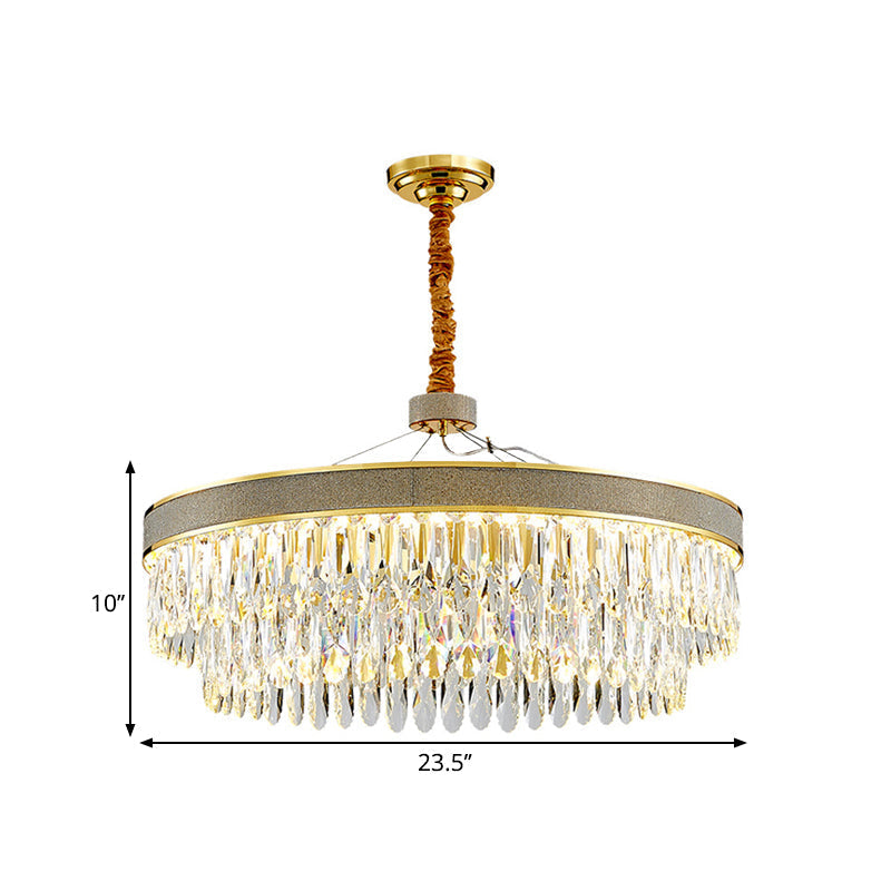 Led Hanging Chandelier - Modern Gold Finish Clear Crystal Draping 2-Layer Round Design