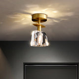 Modern Brass Semi Flush Ceiling Light - Clear Bevel Cut Glass Irregular Half Sphere Design