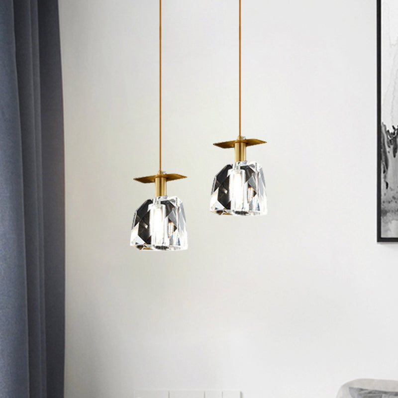 Contemporary Gold Mini Ceiling Pendant With Clear Crystal Cube Suspension - Bedroom Lighting