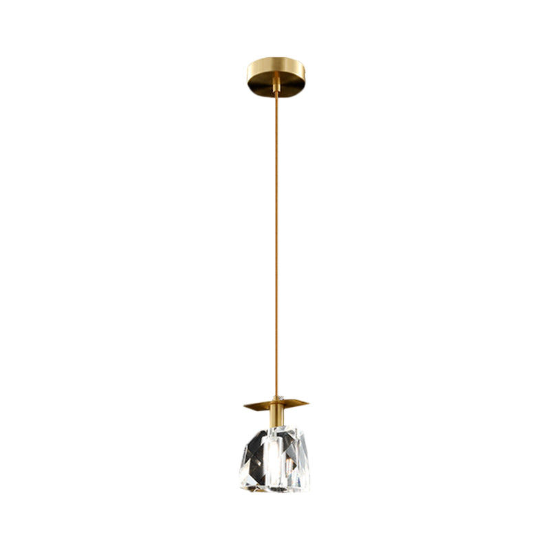 Contemporary Gold Mini Ceiling Pendant With Clear Crystal Cube Suspension - Bedroom Lighting