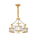 Modern Gold Crystal Block Ceiling Chandelier With 3 Heads - Clear Drum Shape Metal Frame