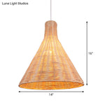 14/16 Inch Conical Bamboo Suspension Pendant - 1 Head Khaki Hanging Lamp Kit