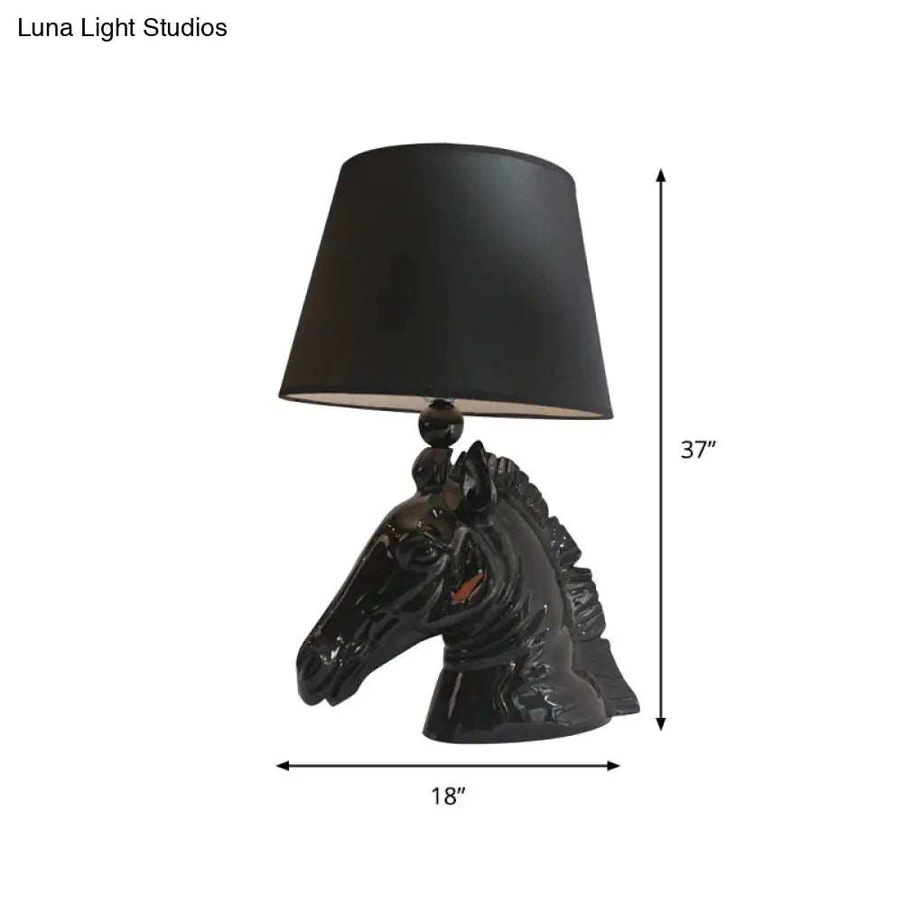 14/18 Wide Vintage 1-Light Table Lamp With Tapered Fabric Shade And Horse Head Base In Black