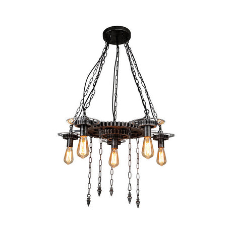Aged Silver Gear Design Hanging Lamp - Vintage Industrial Metal 6 Heads Ideal For Restaurants