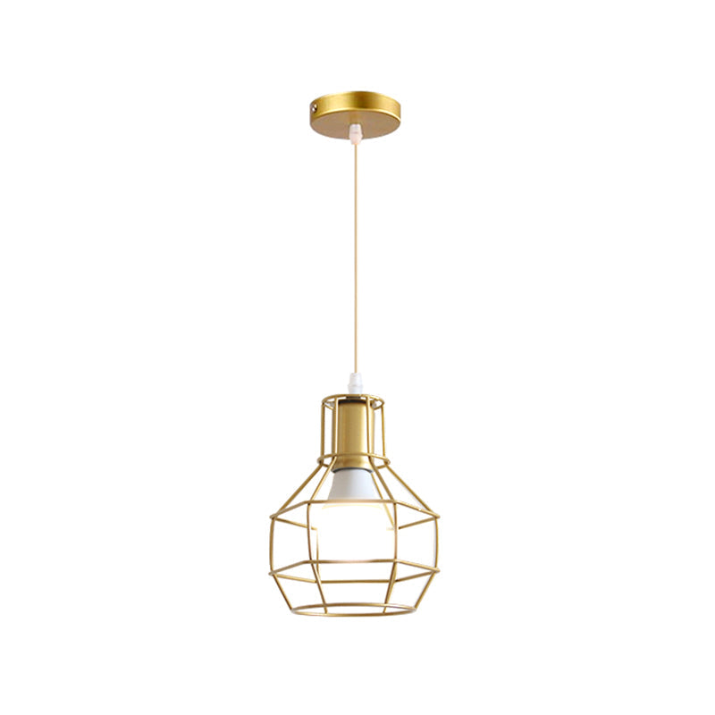 Gold Wire Cage Pendant Light - Retro Industrial Iron Hanging Lamp For Coffee Shop
