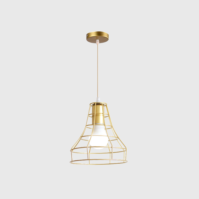 Gold Wire Cage Pendant Light - Retro Industrial Iron Hanging Lamp For Coffee Shop