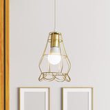 Gold Wire Cage Pendant Light - Retro Industrial Iron Hanging Lamp For Coffee Shop