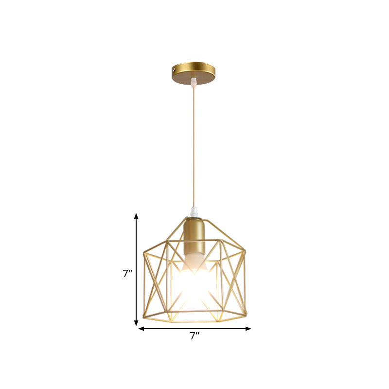 Gold Metal Pendant Light With Unique Globe/Hexagon Cage Shade For Dining Room