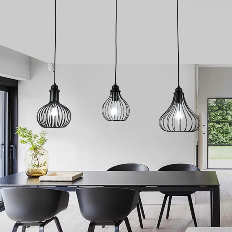 Vintage Onion Caged Pendant Light | 3-Bulb Metallic Fixture In Black Perfect For Restaurants