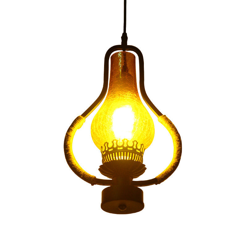 Vintage Yellow Crackle Glass Kerosene Pendant Ceiling Light - Black 1-Light For Living Room