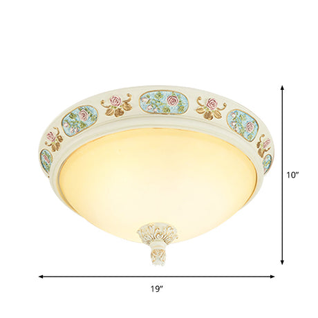 2/3-Head Flush Mount Opaline Glass Dome Ceiling Light With Flower Decor In Blue And White 14/19 Wide