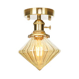 Industrially Styled Gem Shade Semi Flush Light For Living Rooms With Prismatic Glass And Clear/Amber