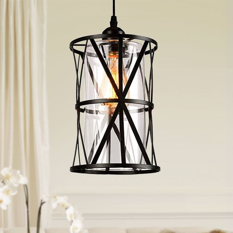 Industrial Clear Glass Pendant Light With Black Iron Frame