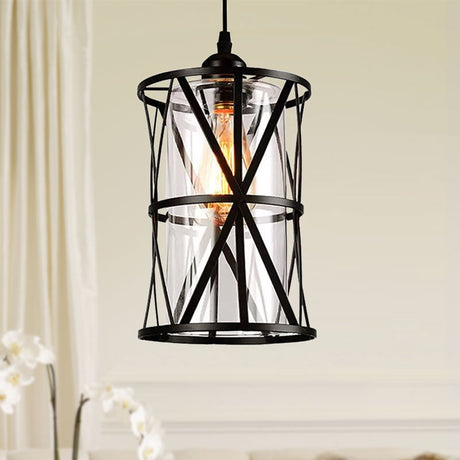 Industrial Clear Glass Pendant Light With Black Iron Frame