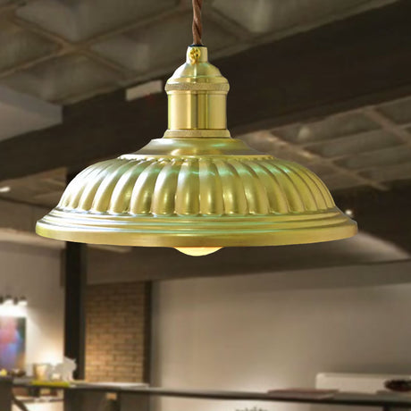 Vintage Style Brass Hanging Lamp With Ridged Bowl Shade - Metal 1 Head Pendant Light For Dining