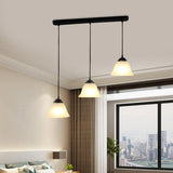 Vintage Flared White Glass Dining Room Pendant Light Fixture With Linear Canopy - 3-Light Multi